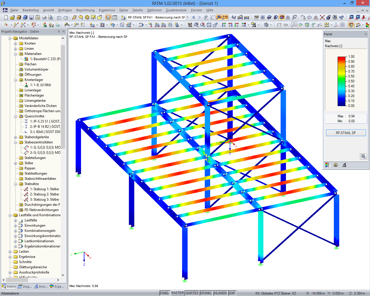 Bemessungsergebnisse von RF-STAHL SP im 3D-Rendering in RFEM