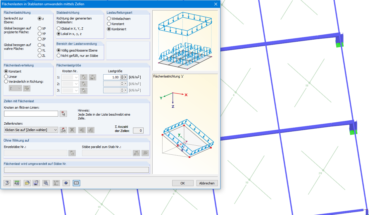 преобразовать нагрузки на площадь в нагрузки на стержни при помощи ячеек