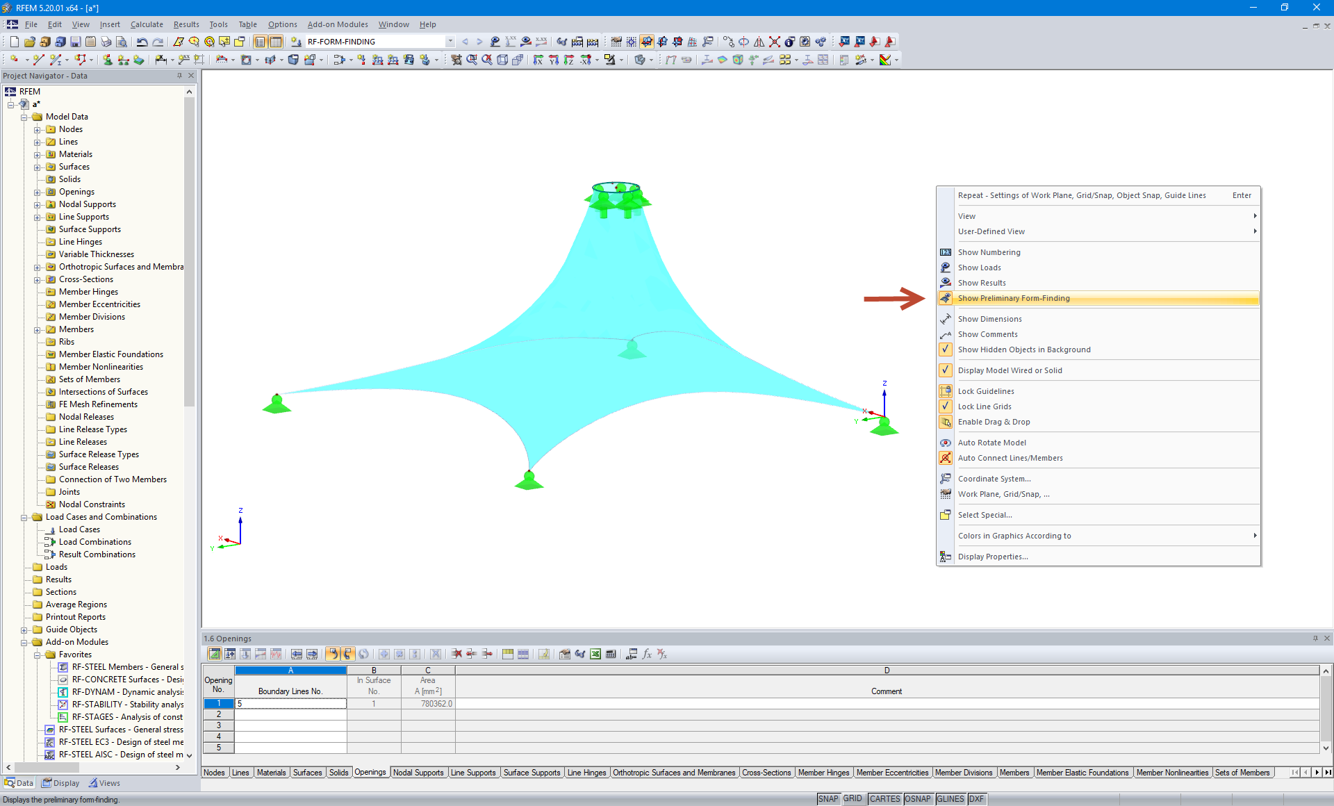 Funktion "Form anzeigen" im Kontextmenü