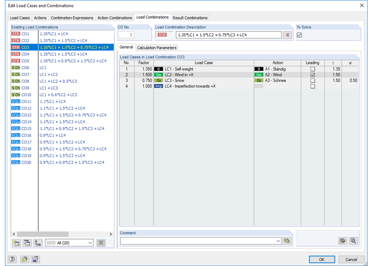 Сгенерированные сочетания нагрузок для расчета