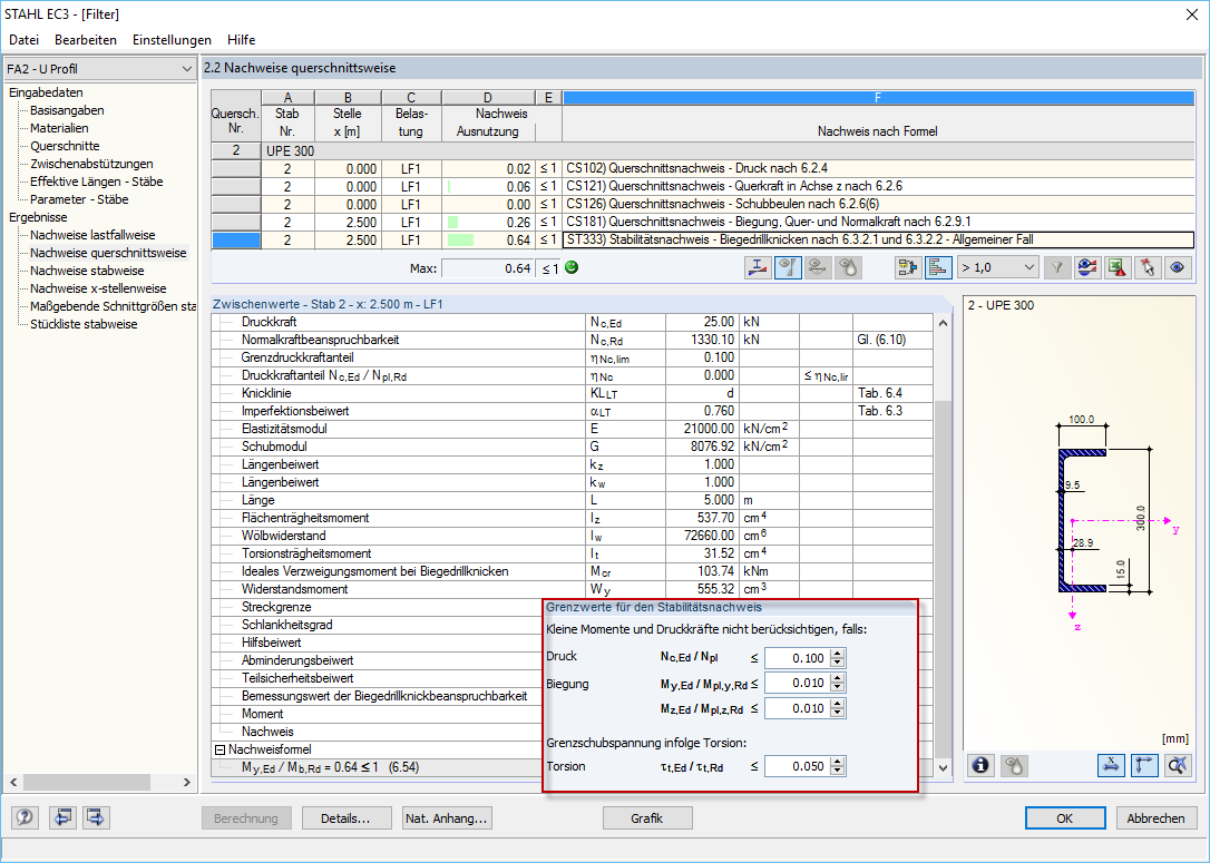 Предельные значения для случая 2 и успешный расчет на потерю устойчивости при изгибе и кручении