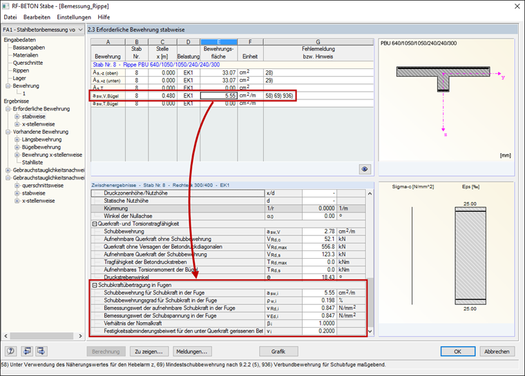 Ergebnisausgabe für die Schubfugenbemessung