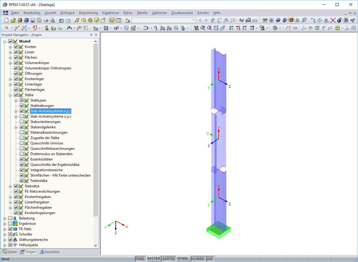 Изменение осей стержня
