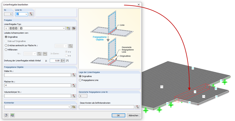 Definition einer Linienfreigabe mit den nichtlinearen Isokorb®-Eigenschaften