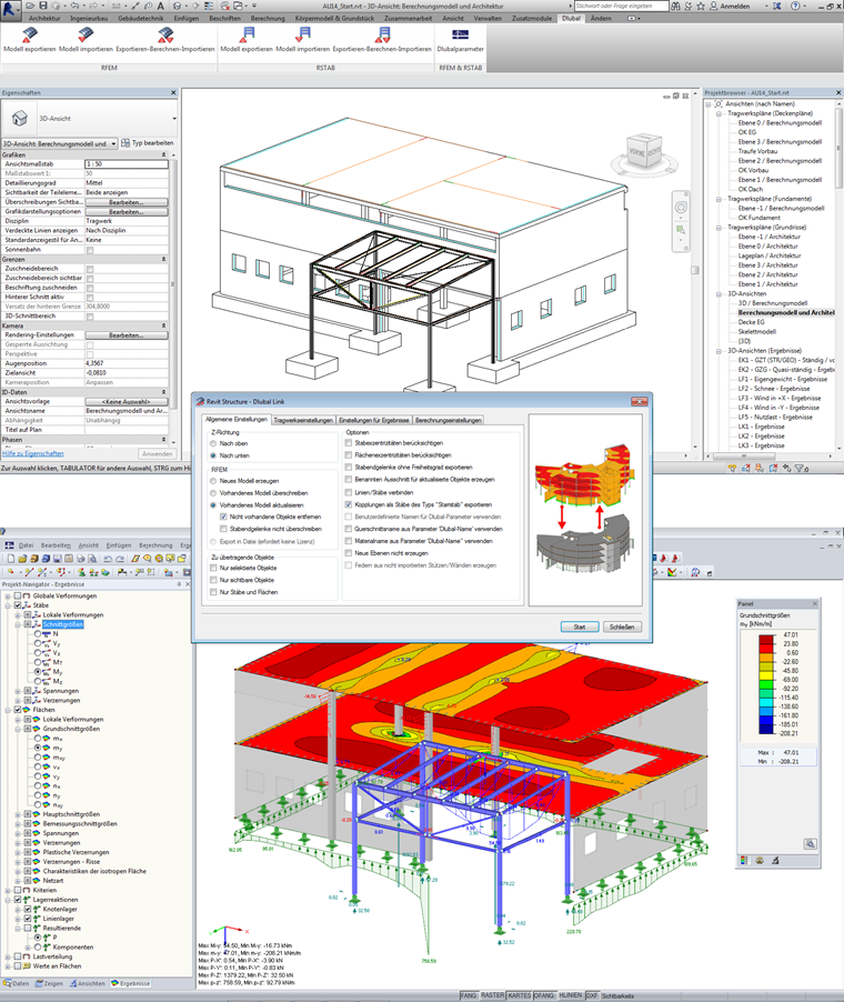 Вверху: модель BIM с интегрированными конструктивными объектами в Autodesk Revit Structure. Центр: диалоговое окно Control для переноса модели анализа из Revit Structure в RFEM. Внизу: Расчетная модель расчета в RFEM