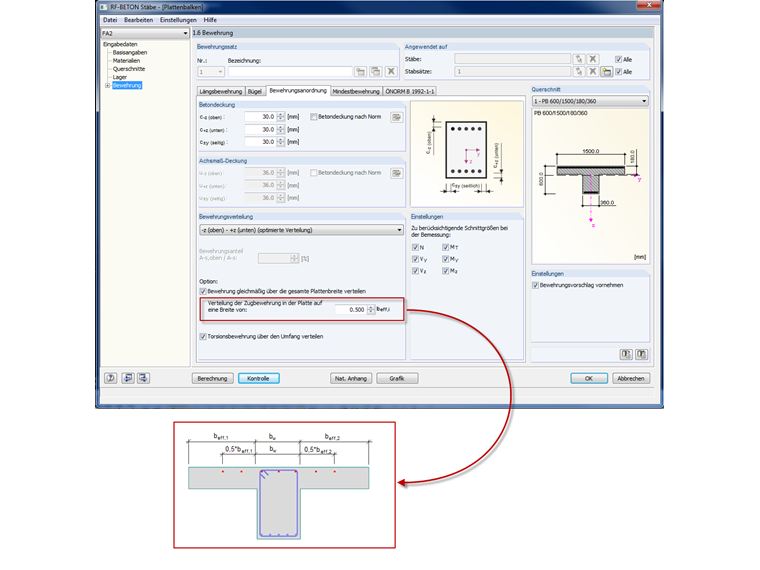 Begrenzte Verteilungsbreite der Zugbewehrung in der Gurtplatte von Plattenbalkenquerschnitten