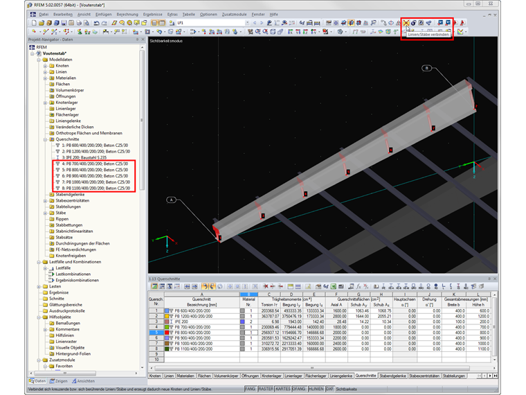 Определение переменной глубины сечения конического стержня с помощью функции «Соединить линии или стержни»