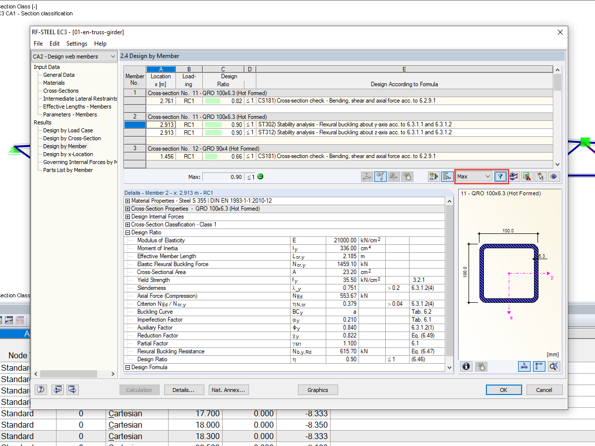 Максимальный расчет по стержням