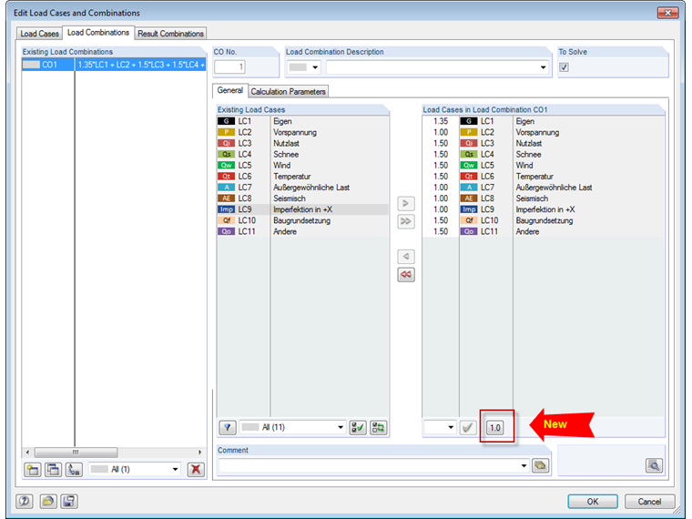 изменить загружения и сочетания нагрузок