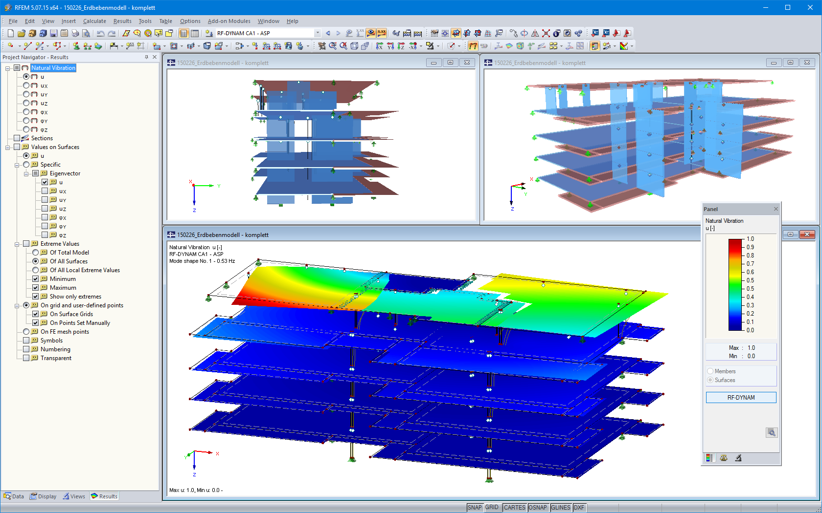 RFEM модель пятиэтажного деревянного пассивного дома с первой формой колебаний (© Pirmin Jung Ingenieure)