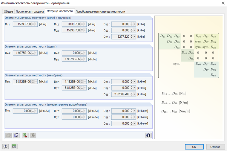 Структура матрицы жесткости ортотропной поверхности