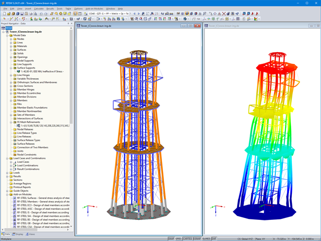 Модель смотровой башни (слева) и отображение деформаций (справа) в программе RFEM (© Ingenieurbüro Braun GmbH & Co. KG)