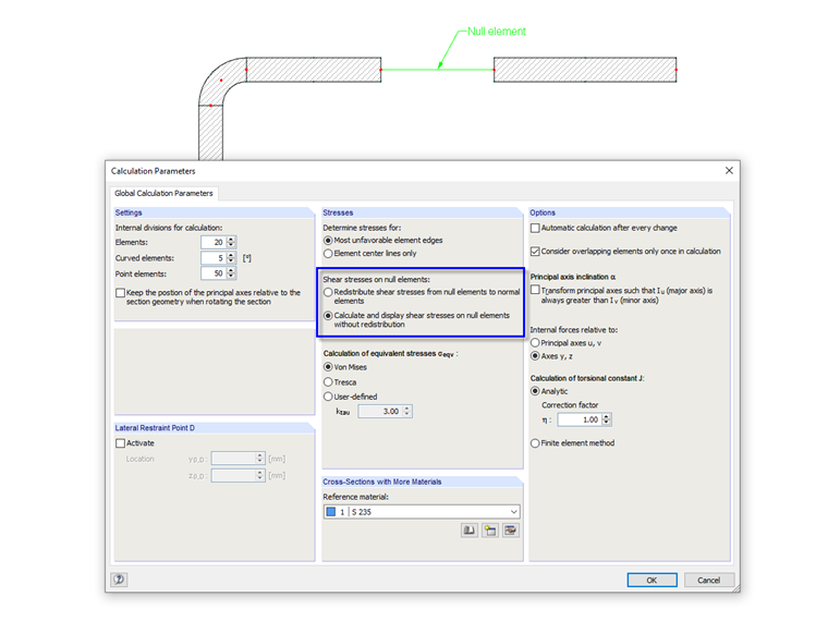 Определение касательных напряжений для нулевых элементов