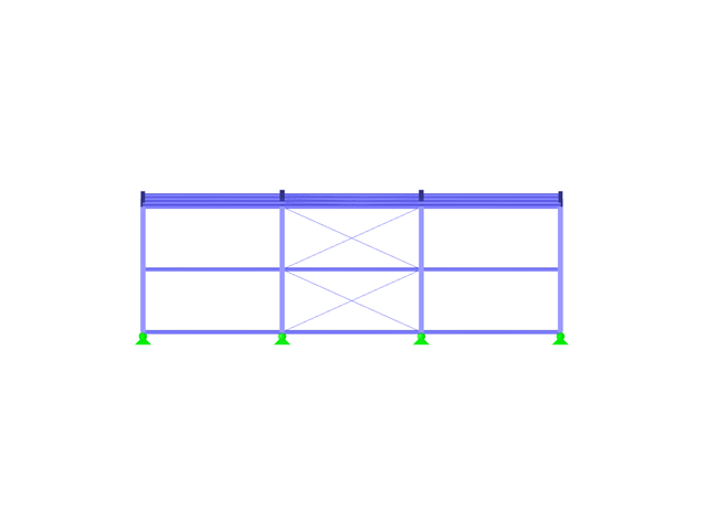 Стальной цех с плоской двускатной крышей с пряжками, вид по оси X