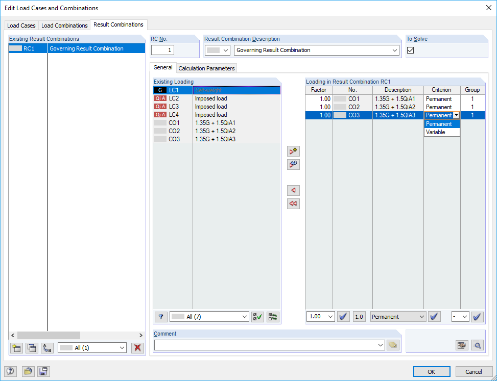 Kriterium "Ständig" für Lastkombination setzen