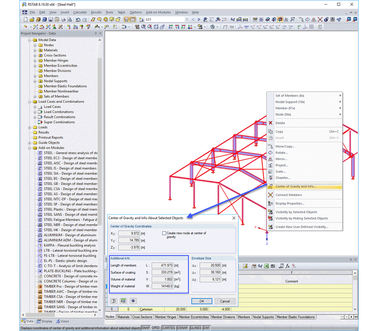 Центр тяжести и информация о выбранных объектах
