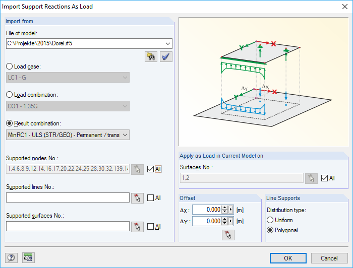 Диалоговое окно «импортировать опорные реакции как нагрузки»