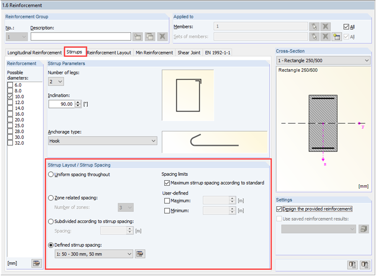 Параметры по умолчанию для расположения хомутов