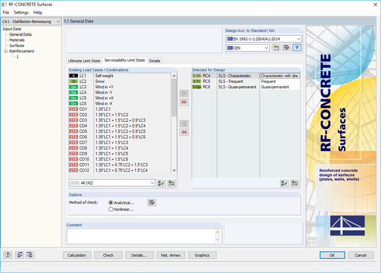 Определение загружений/сочетаний нагрузок для предельного состояния по пригодности к эксплуатации
