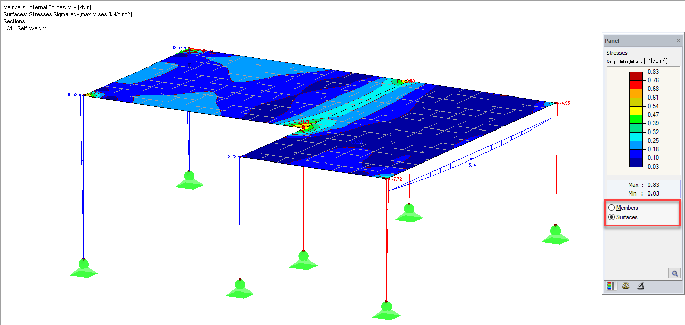 Задание результатов для стержней или поверхностей на панели