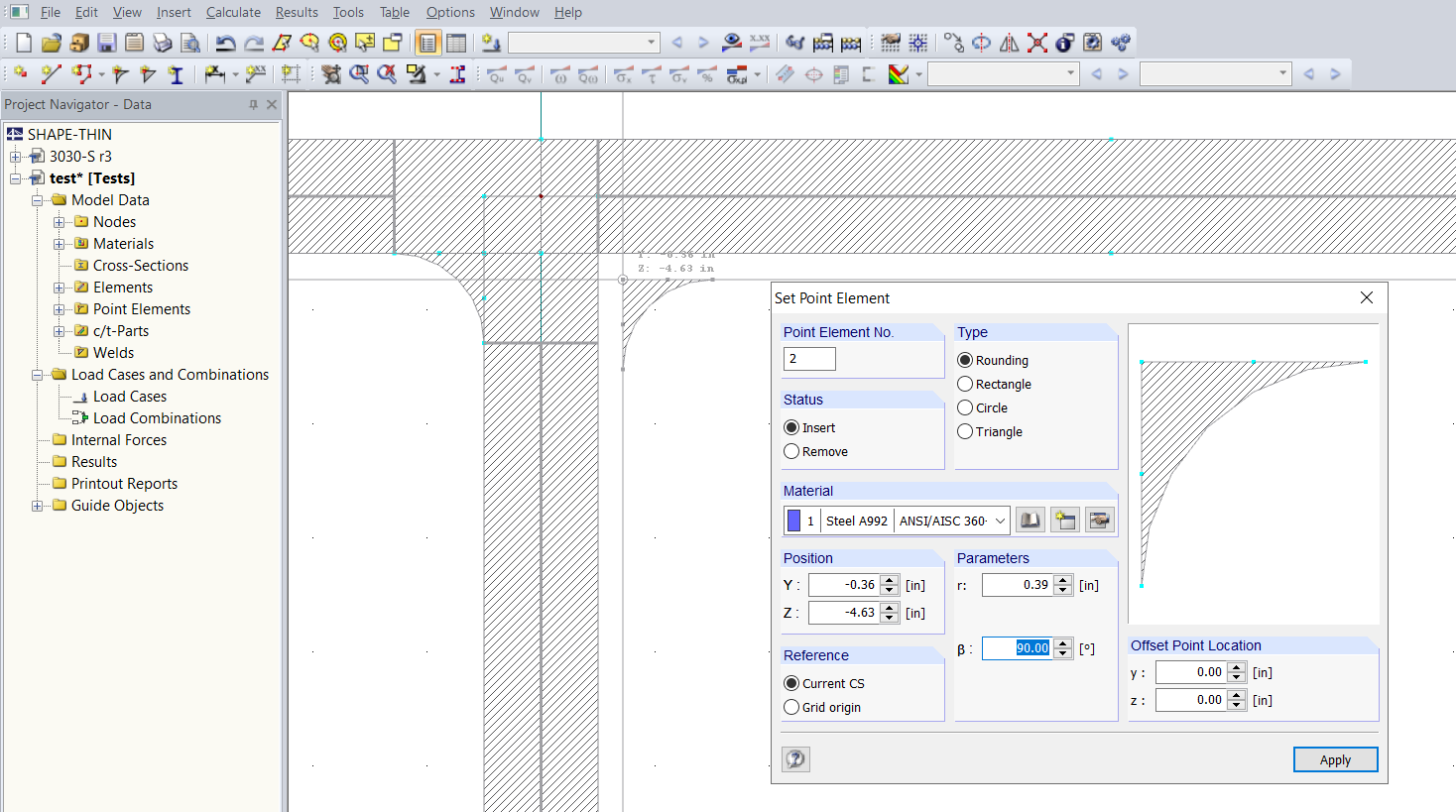 Сечение в программе SHAPE-THIN с точечными элементами (выделено красным)