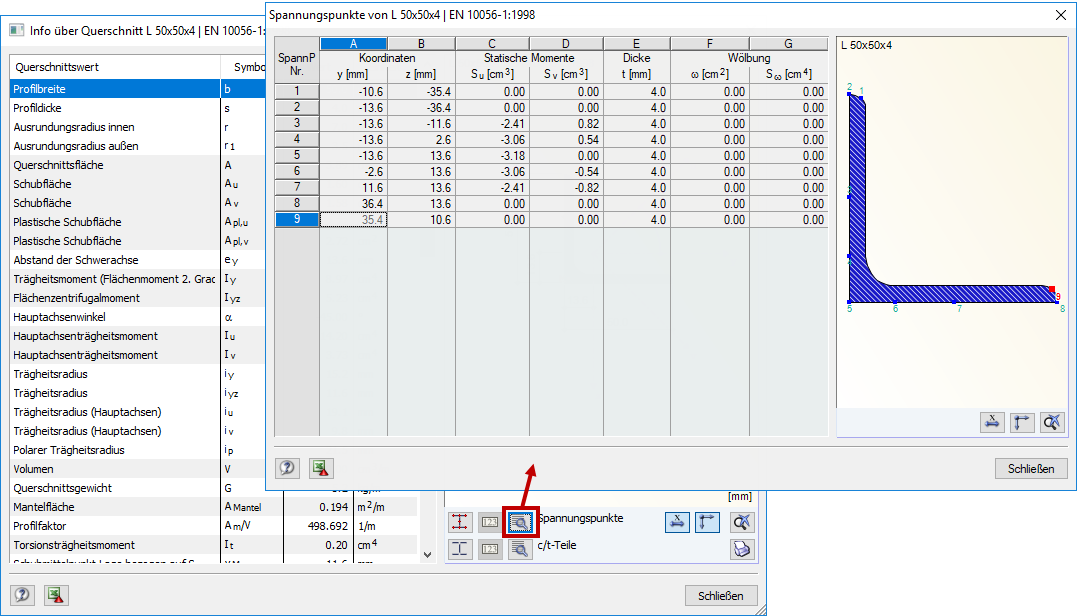 Точки напряжений в сечениях из базы данных сечений