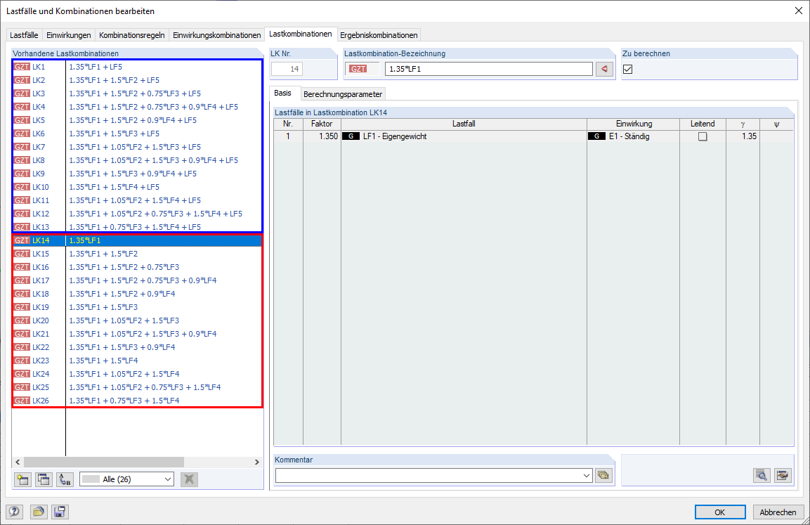 Сочетания нагрузок по геометрически линейному расчету и анализу второго порядка