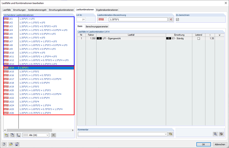 Сочетания нагрузок по геометрически линейному расчету и анализу второго порядка