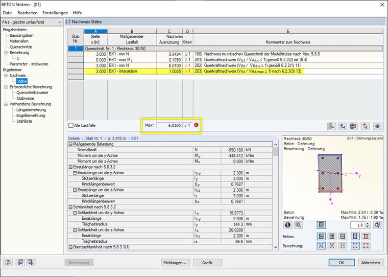 Превышение VRd, max и отображение критерия расчета VEd/VRd, c