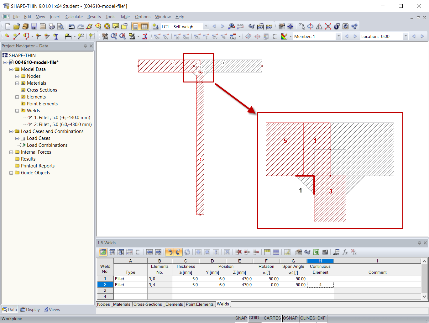 Шов с присоединенными Элементами 1, 3 и 5 (отмечено красным цветом)