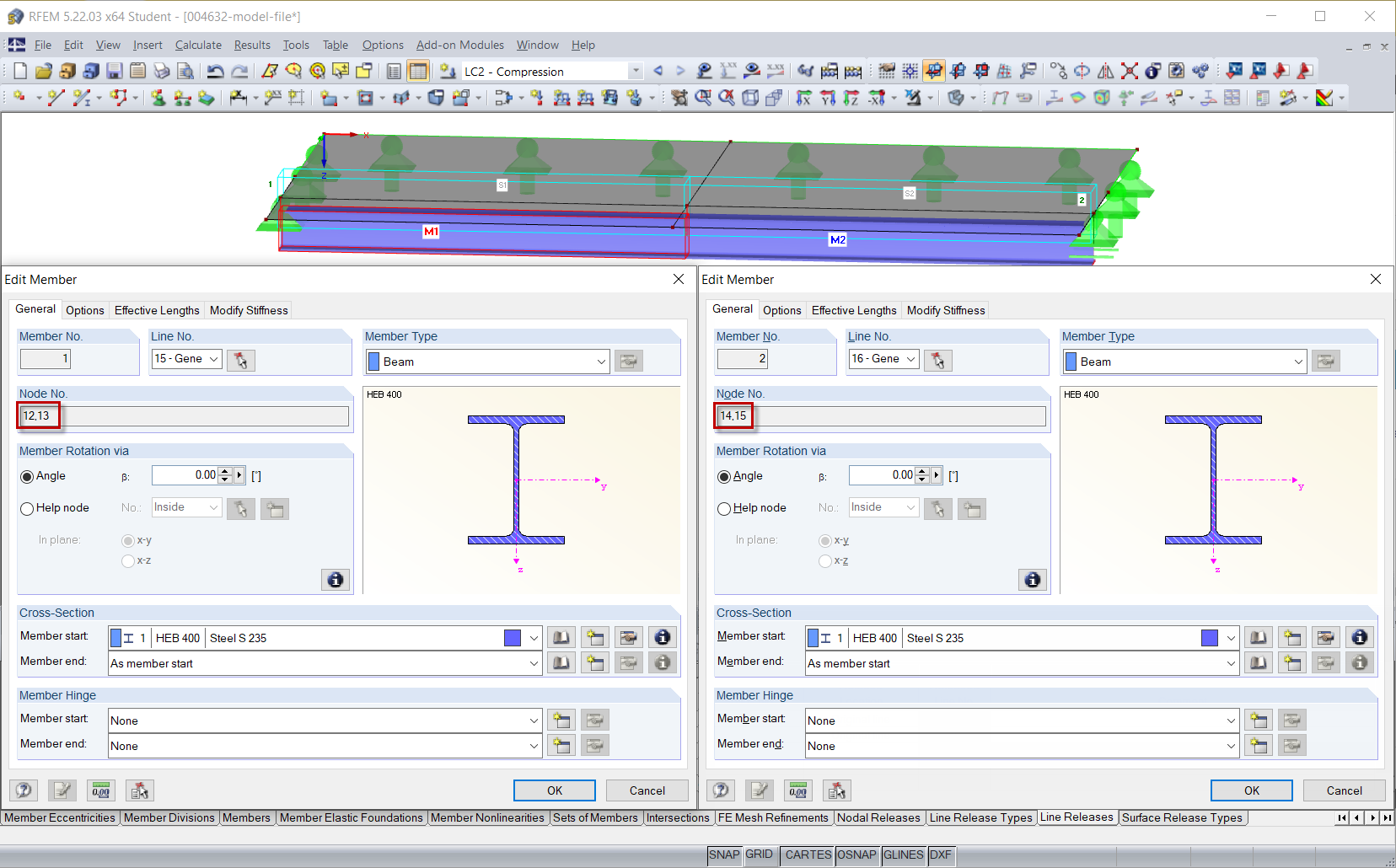 Линии и узлы стержней 1 и 2