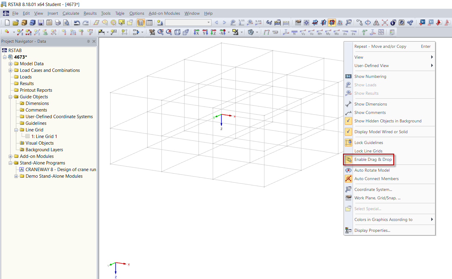 Активация функции перетаскивания