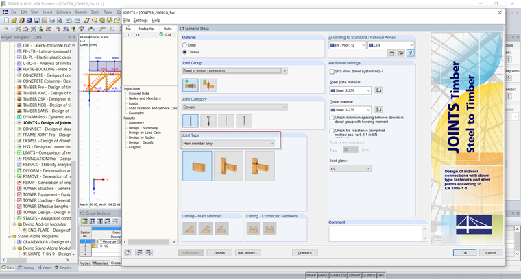 Дополнительный модуль - тип соединения «Только главный стержень»
