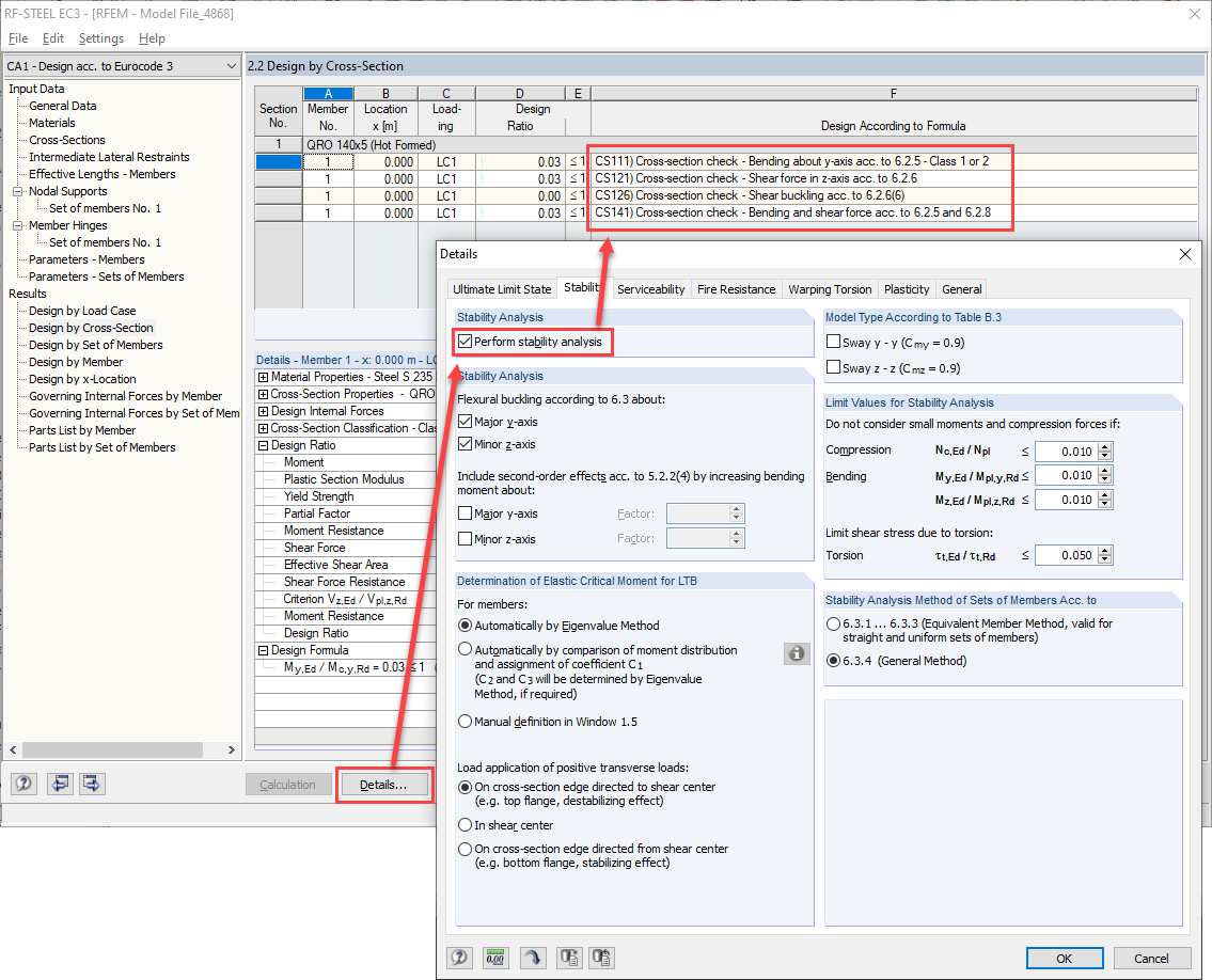 Расчет сечений в дополнительном модуле RF-/STEEL EC3