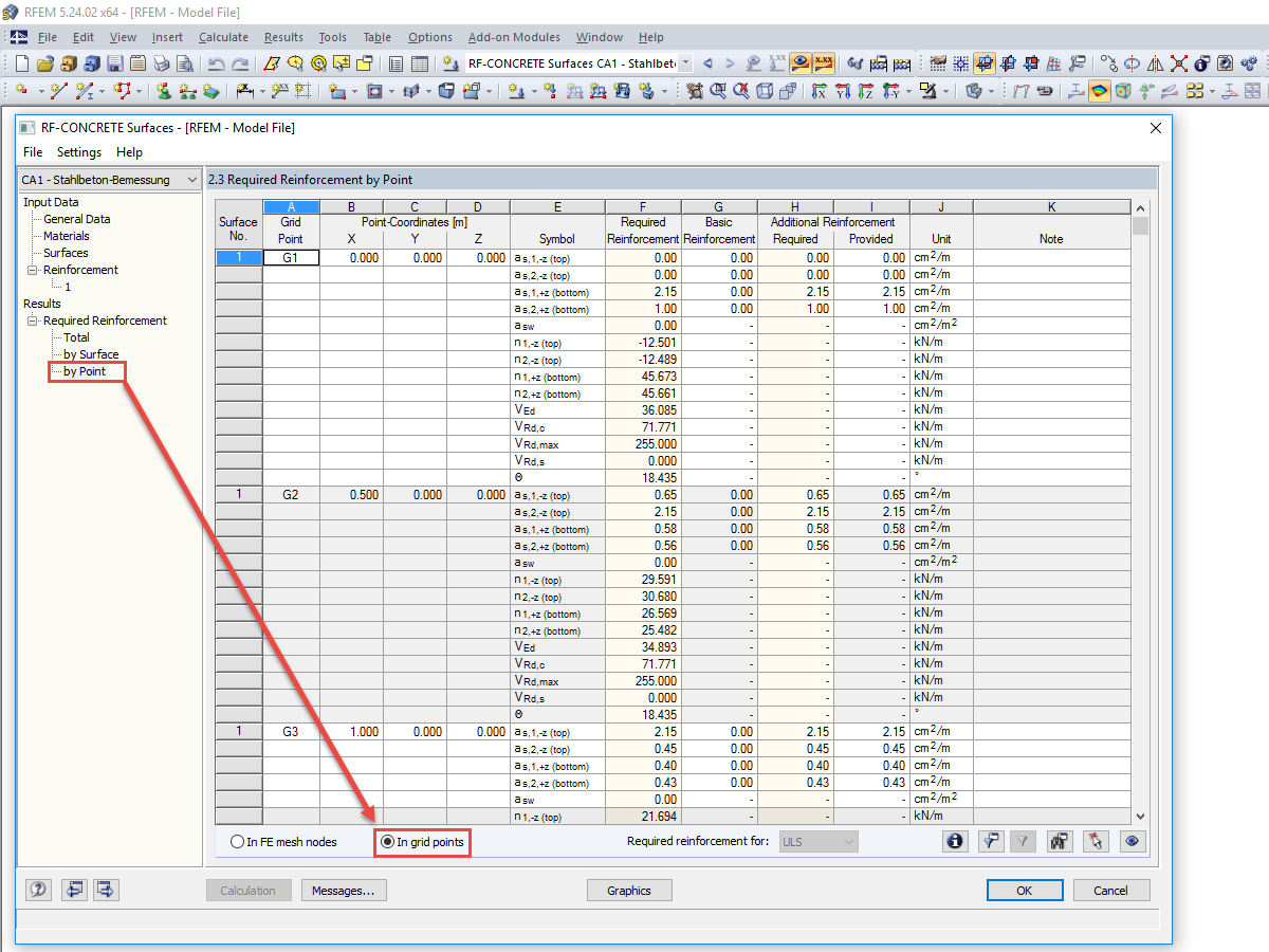 Армирование в точках сетки