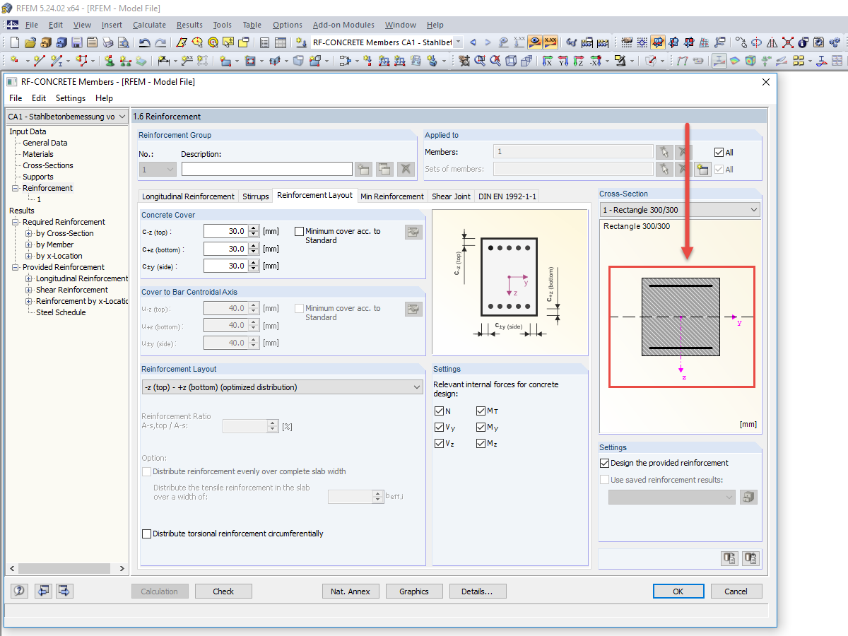 Сечение бетона с отображением арматуры и оси центра тяжести