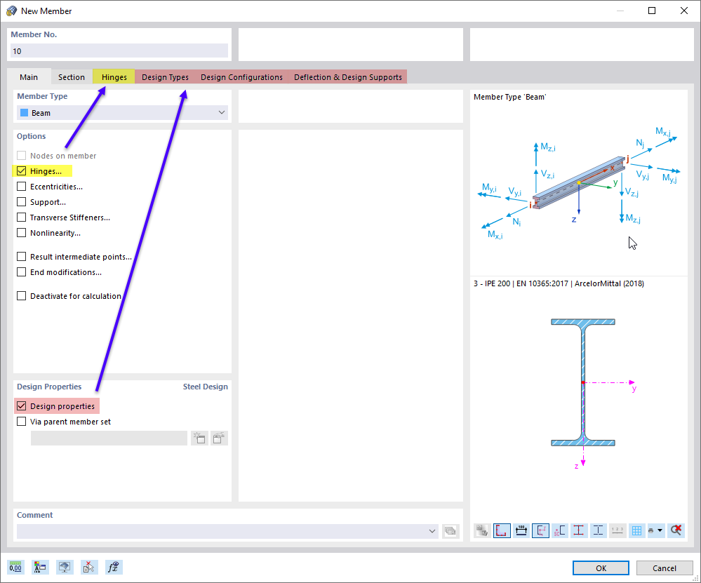 Диалоговое окно ввода 'Новый стержень' с вкладками для свойств соединения и конструкции