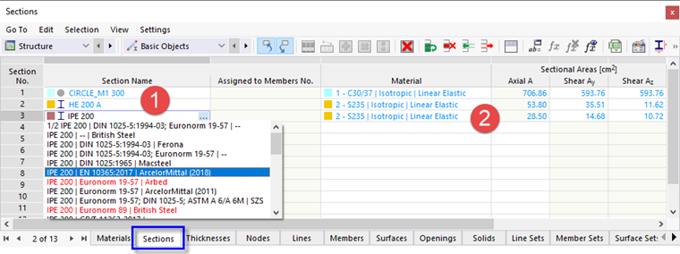 Определение IPE 200 в таблице «Сечения»