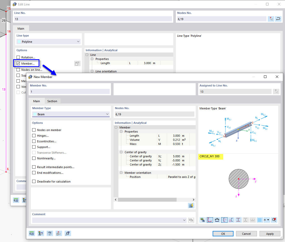 Привязка стержня к линии