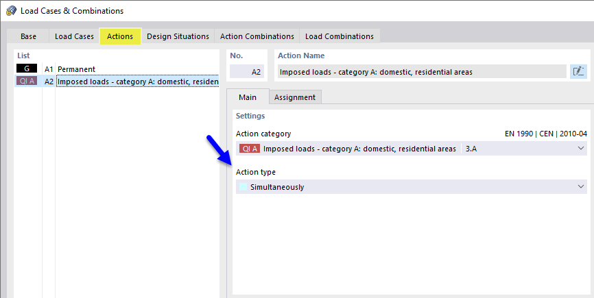 Тип действия «Одновременно» для приложенных нагрузок