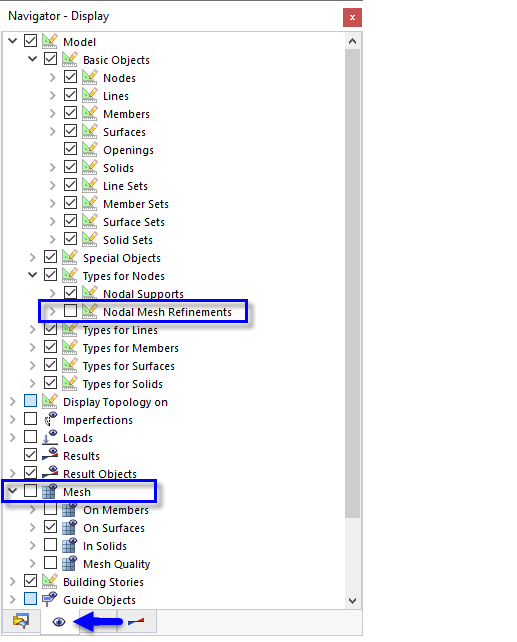 Отключение уточнения узловой сетки и сетки в «Навигаторе - Отображение»