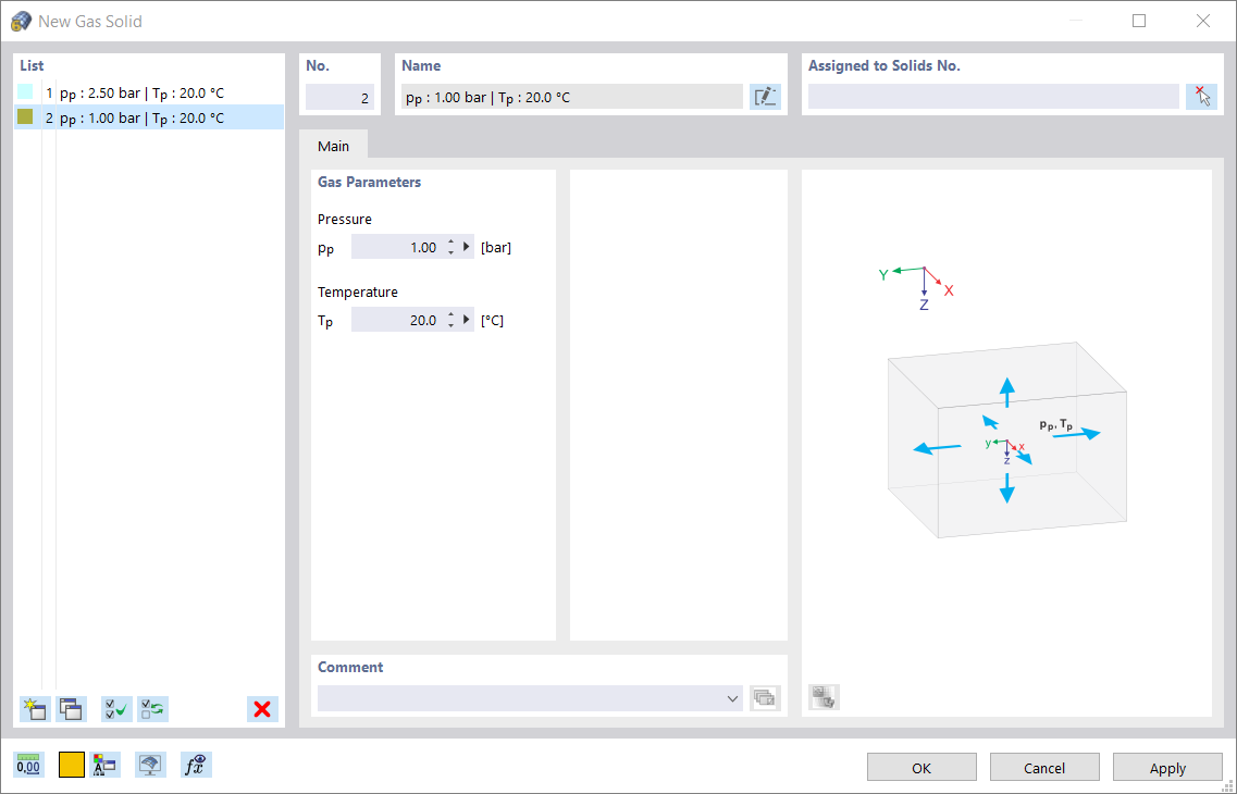 Диалоговое окно ' Новое газовое тело '