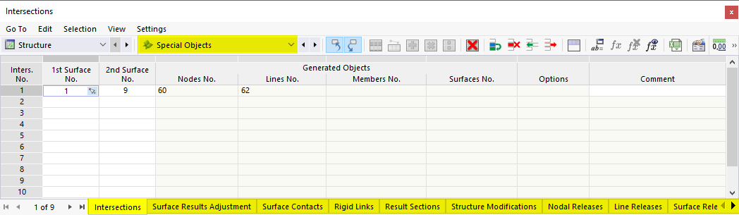 Специальные объекты в таблице