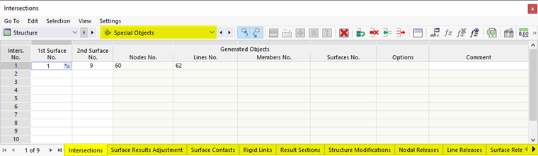 Специальные объекты в таблице