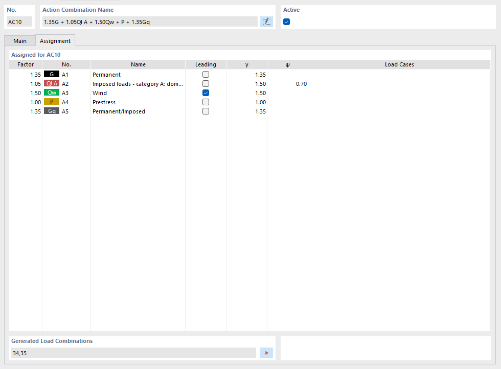 Назначение воздействий для сочетаний воздействий
