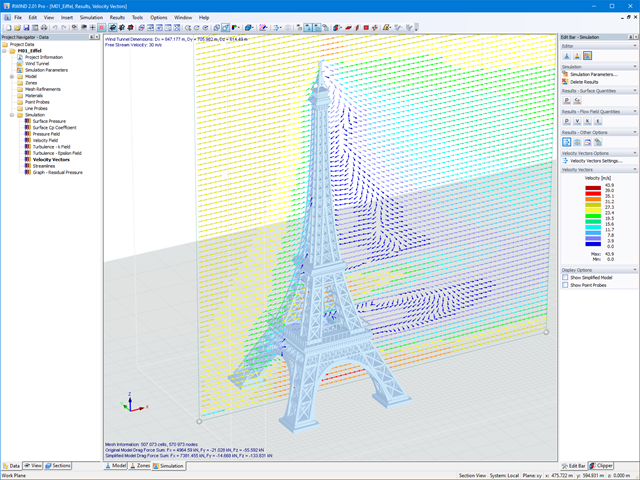 Векторы скорости ветровых потоков на модели Эйфелевой башни в программе RWIND
