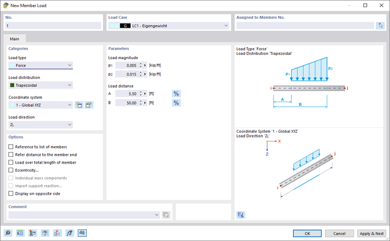 Диалоговое окно ' Новая нагрузка на стержень '