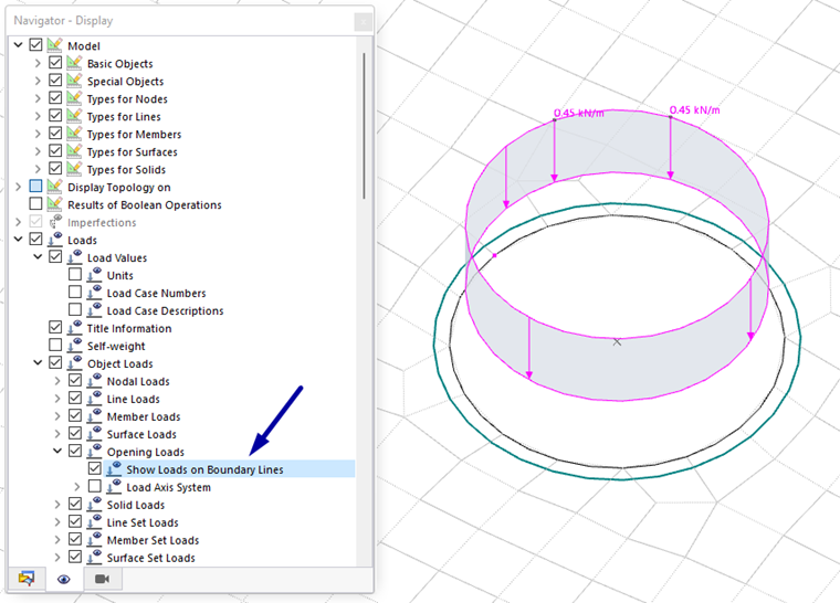Опция ' Показать нагрузку на отверстие на граничных линиях '