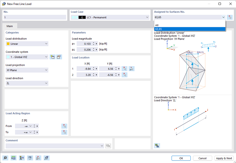 Диалоговое окно ' Новая произвольная нагрузка на линию '