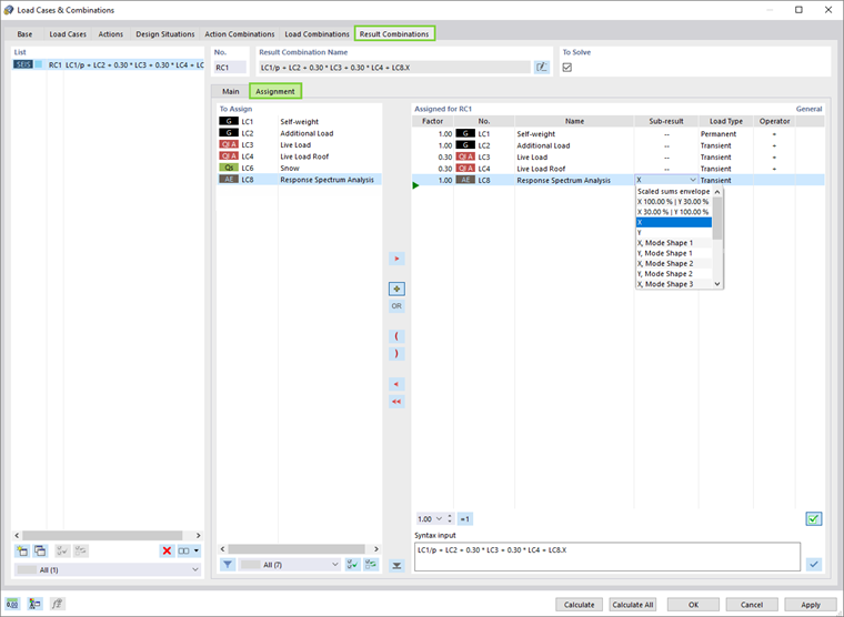 Присвоение загружений расчетному сочетанию